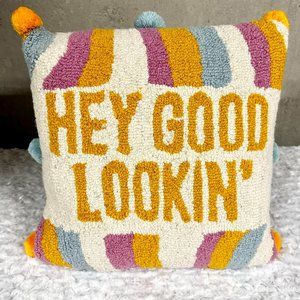 NWT Simply Southern Hook Wool "Hey Good Lookin'" Throw Pillow with Pom Poms